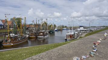 A harbor with several fishing boats docked along the water's edge.