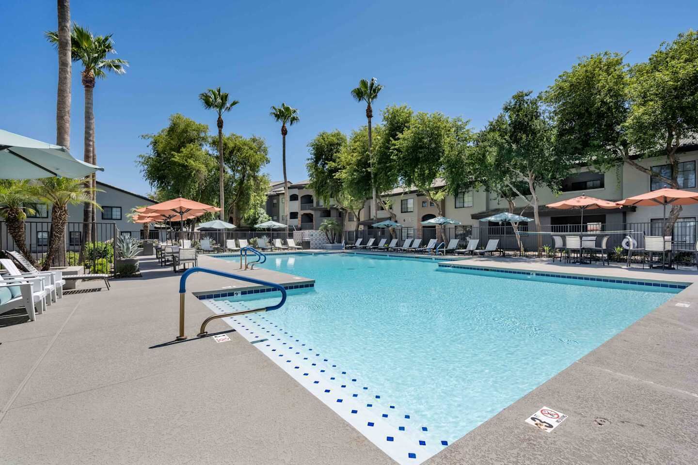 A swimming pool with lounge chairs and umbrellas, surrounded by palm trees and buildings.