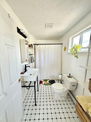 Shower, towels, soap, toilet paper