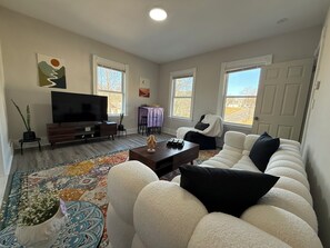 Smart TV, fireplace, books, computer monitors