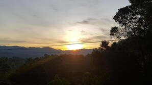 Atardecer sobre un paisaje montañoso con árboles y líneas eléctricas.