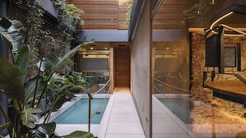 Zona de piscina interior moderna amb barana de vidre, terrassa de fusta i plantes tropicals.