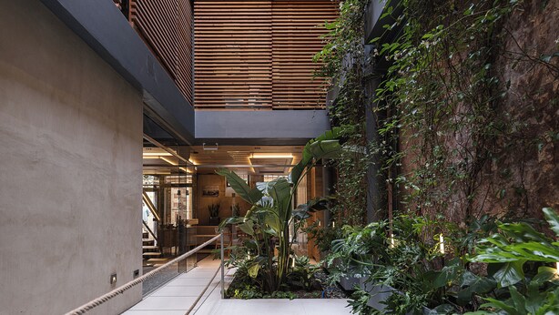 A modern indoor pool area with a concrete floor, surrounded by lush greenery and a wooden slatted wall. - Elysia Boutique Hotel (Chania)