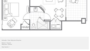 A 1 bedroom villa layout with 1 bathroom, including a kitchenette, 1 patio, sitting area, and dining area. - Adventure Awaits at Marriott Desert Springs II - Luxury and Fun in the Dessert (Palm Desert)