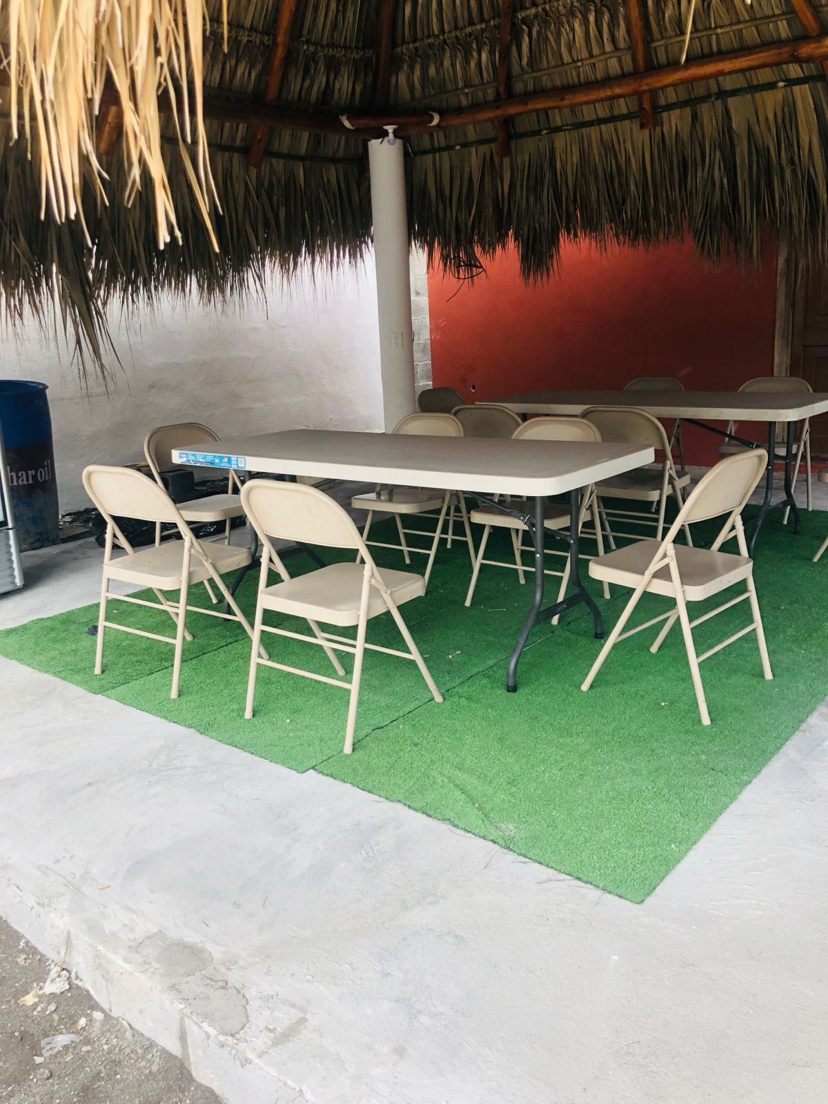 A room with a thatched roof, green artificial turf, and white walls.