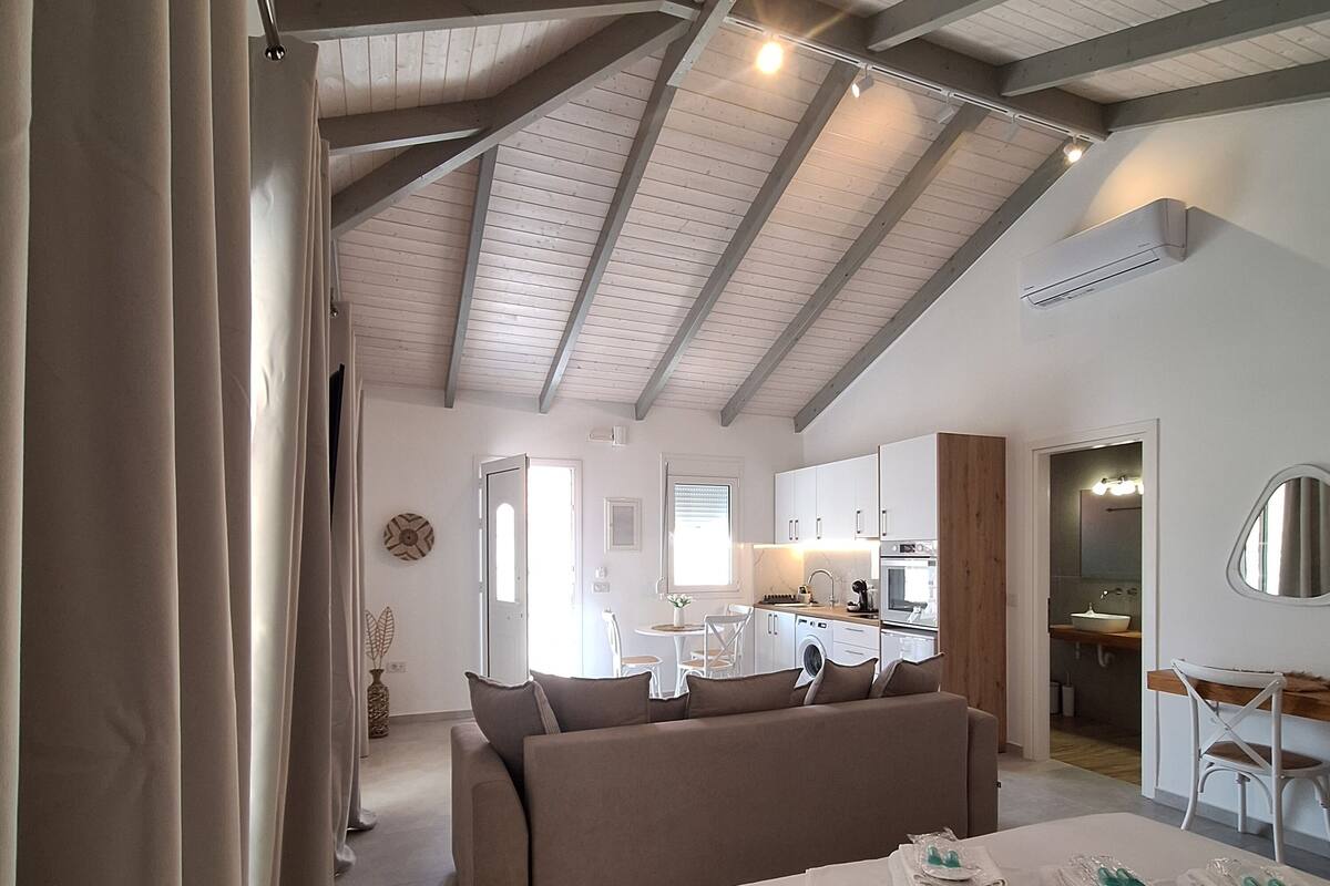 A spacious room with a high ceiling, a large bed, a sofa, and a kitchen area visible through an open door.