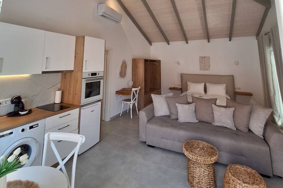 A compact, modern room with a kitchenette, a sofa, and a dining area.