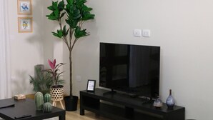 Ein modernes Wohnzimmer mit Flachbildfernseher, einem schwarzen Unterhaltungsschrank, einer Topfpflanze und einem grauen Teppich.