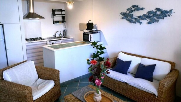 A compact living space with a kitchenette, a sofa, and a decorative wall piece.