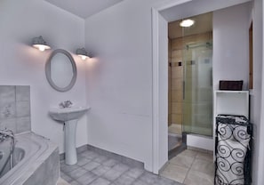 Douche, baignoire à remous, séchoir à cheveux, serviettes fournies