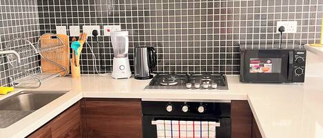Fridge, microwave, oven, electric kettle