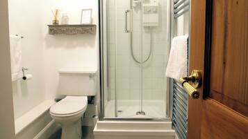 Hair dryer, towels, soap, shampoo