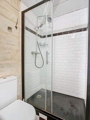 Shower, hair dryer, towels, soap