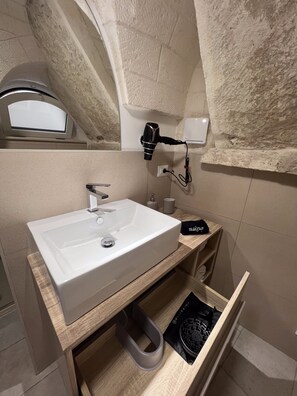 Shower, hair dryer, bidet, towels