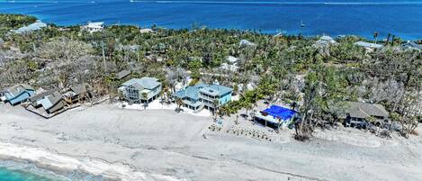 On the beach, sun-loungers, beach towels