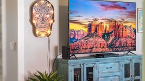 A living room with a television on a blue cabinet, a decorative skull wall art, and a potted plant.