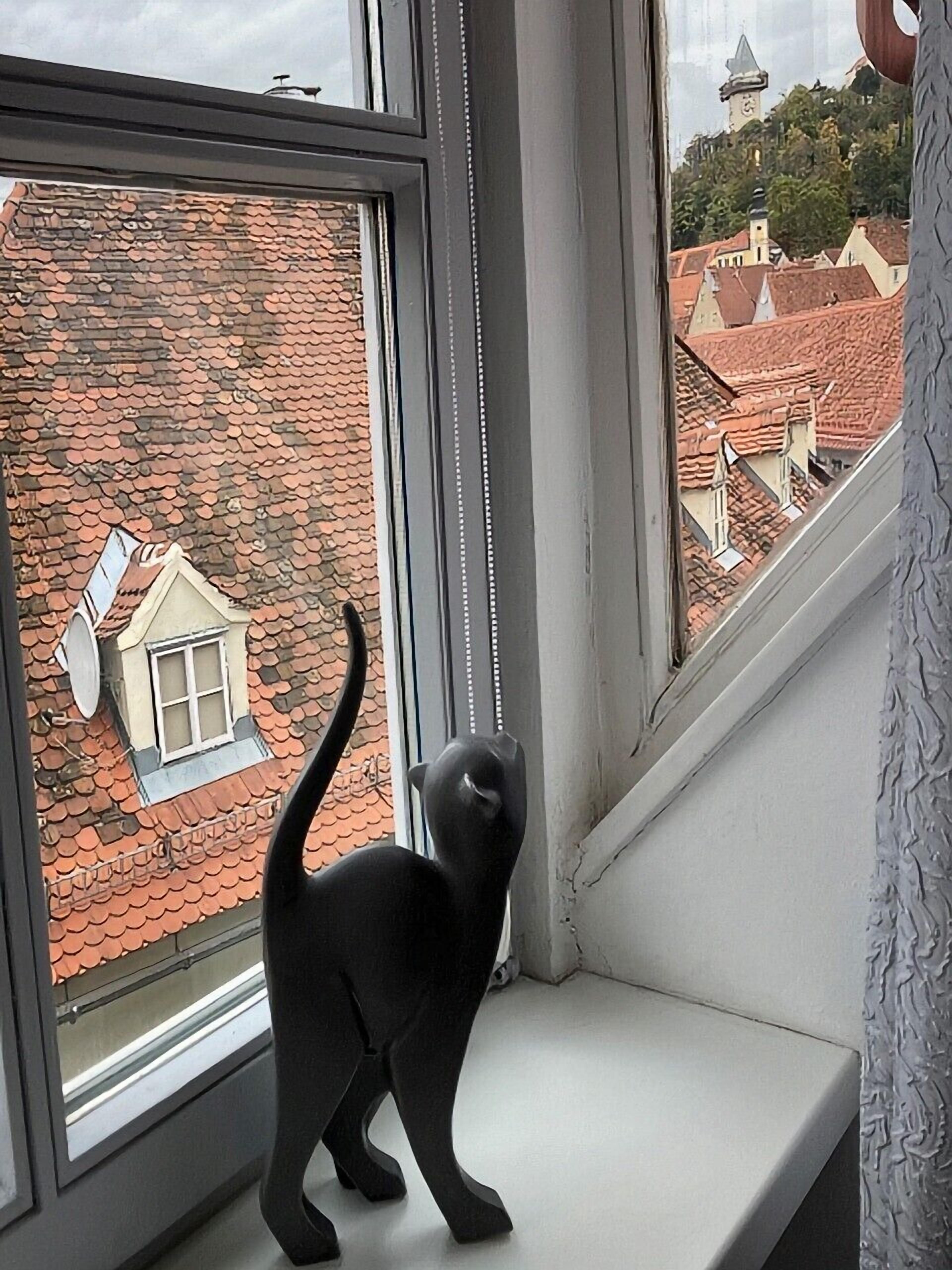 A black cat on a window sill overlooking a red-tiled roof with a small house model.