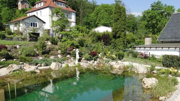 A clear pond with a waterfall, surrounded by lush greenery and houses. - Pension Villa am Burgberg (Waltershausen)