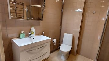 Hair dryer, towels, soap, toilet paper