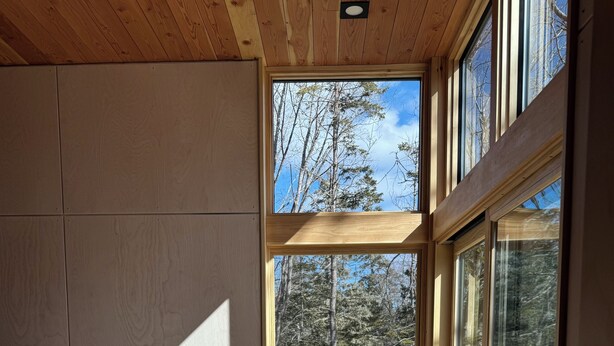 A bedroom with a large bed, a small table, and a view of a forest through large windows.