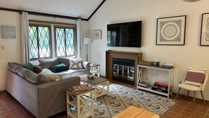 A living room with a sofa, coffee table, TV, fireplace, and nautical-themed rug.