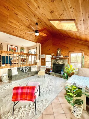 Smart TV, fireplace, books, music library