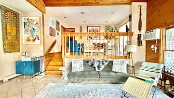 Smart TV, fireplace, books, music library