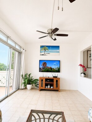A spacious room with a ceiling fan, a flat-screen TV mounted on the wall, a wooden entertainment unit, a potted plant, and a sliding glass door leading to an outdoor area.