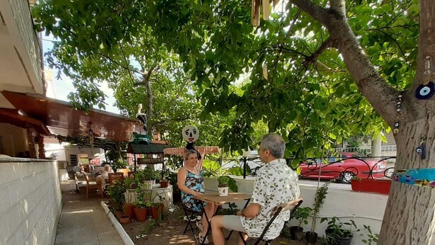 An outdoor patio with a table and chairs, surrounded by potted plants and a tree. - benjy motel pansiyon (Akcay)