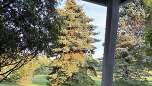Eine Terrasse im Freien mit einem Metalltisch und -stuhl, einem überdachten Bereich und einem Rasen mit Bäumen.