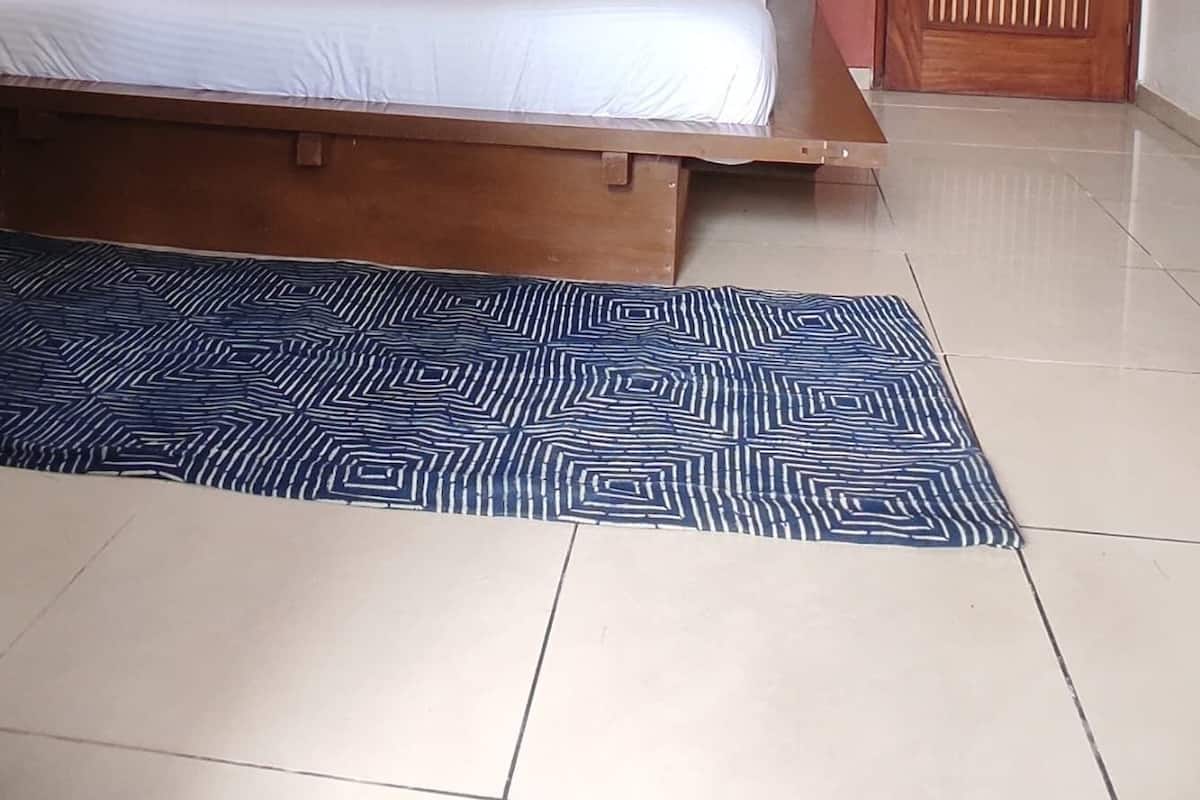 A bedroom with a bed, a patterned rug, a wall painting, and a door.