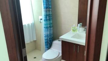 Shower, towels, toilet paper