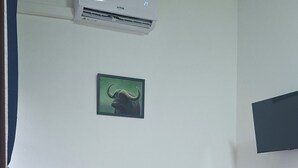 A living room with a grey sofa, a small coffee table, an air conditioning unit, a framed picture, and a flat-screen TV mounted on the wall. - S.I.M residence (MANIAGO)