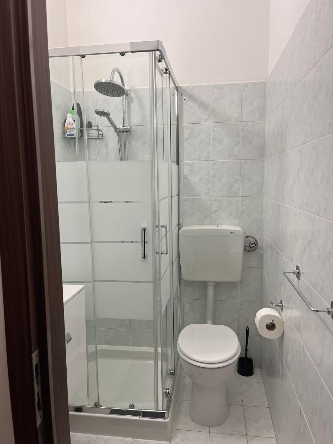 Een moderne badkamer met een douche met glazen wand, een toilet en een bidet.