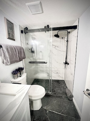 Hair dryer, towels, soap, shampoo