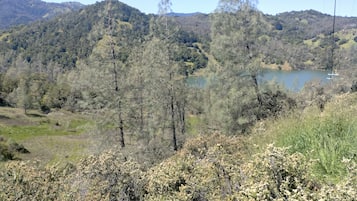 Paisagem natural com um lago, árvores e colinas.