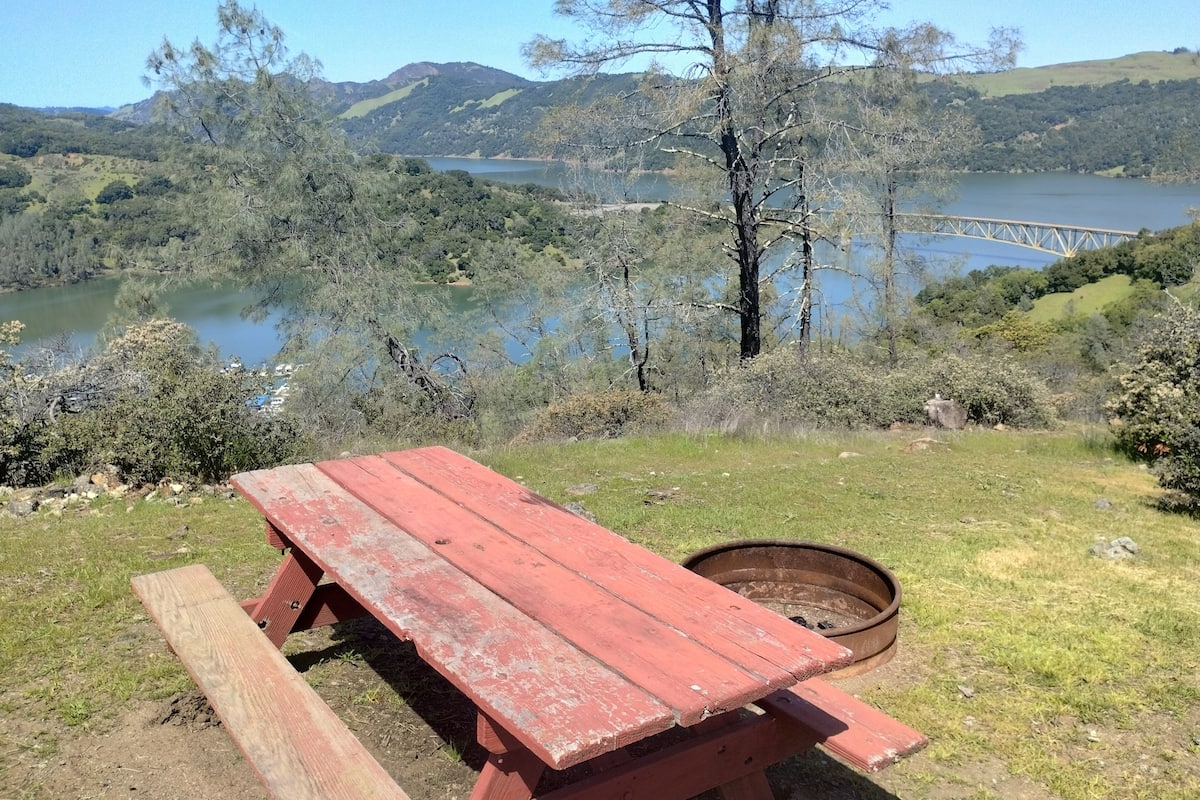 A picnic table with a fire pit in a natural setting with a lake and hills in the background.