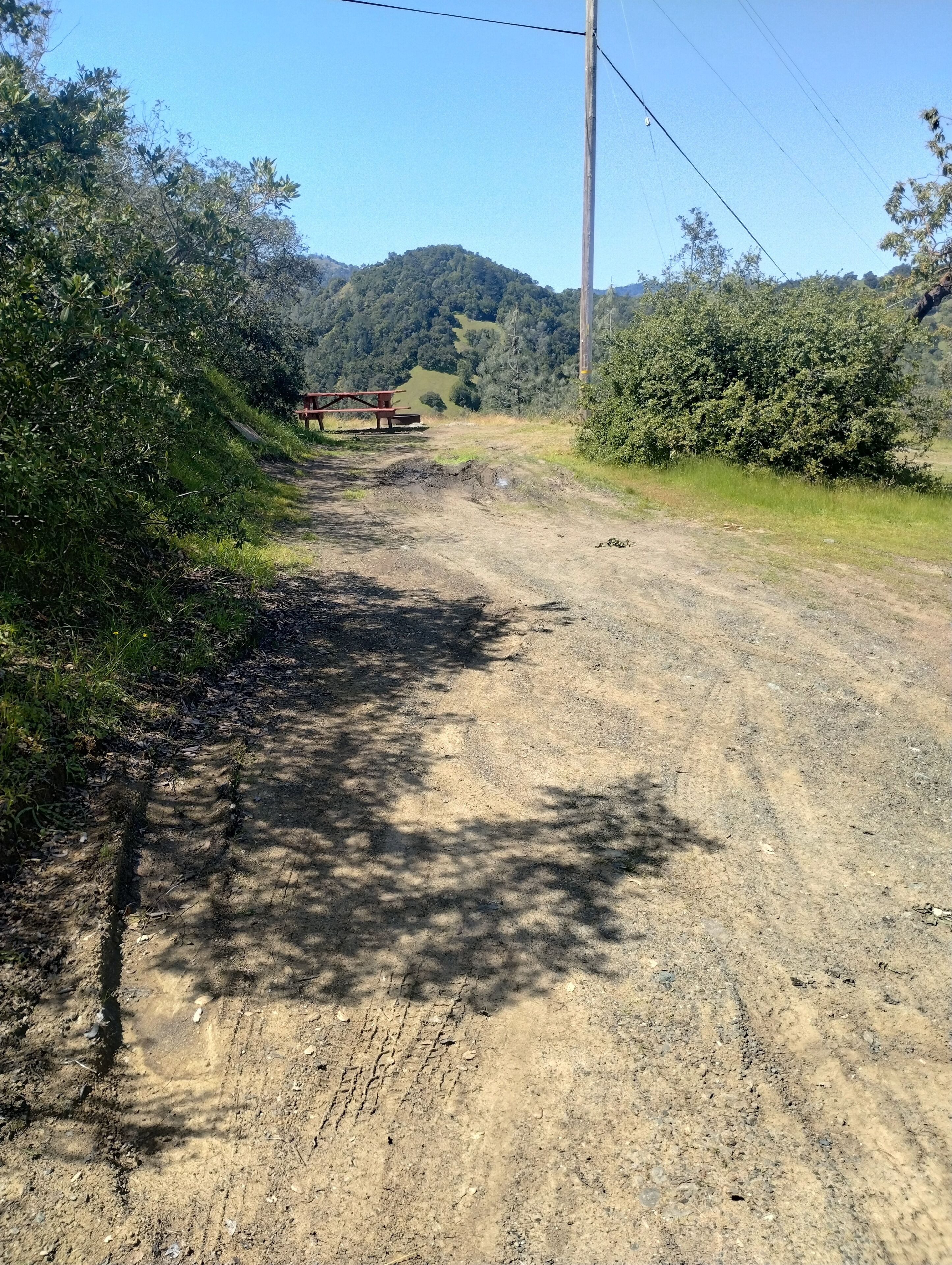 Un camino de tierra con una mesa de picnic y un banco, rodeado de follaje y colinas.