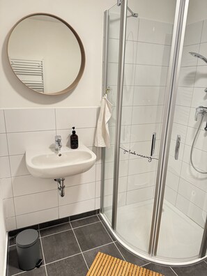 Shower, hair dryer, soap, toilet paper