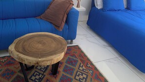 A modern living room with two blue sofas, a wooden coffee table, and a patterned rug. - Studio Bienvenue (Carry-le-Rouet)
