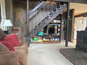 Smart TV, fireplace, DVD player, books