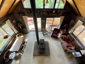 Smart TV, fireplace, DVD player, books