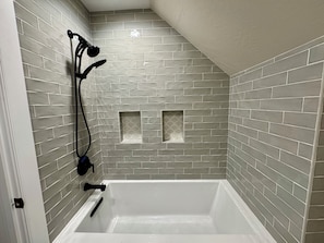 Hair dryer, towels, soap, shampoo