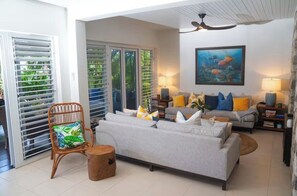 TV connectée, cheminée, livres, chaîne hi-fi