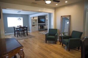 Smart TV, fireplace, video games, DVD player