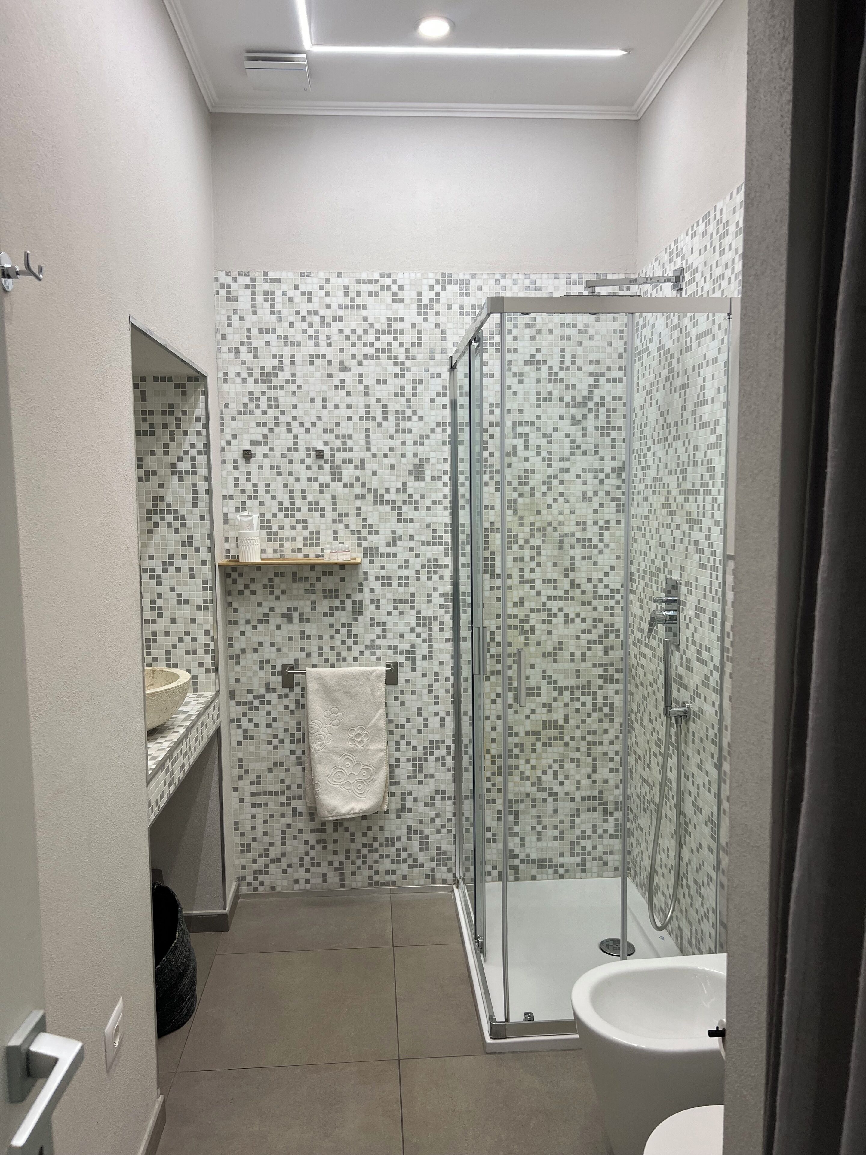 Hair dryer, towels, soap, toilet paper