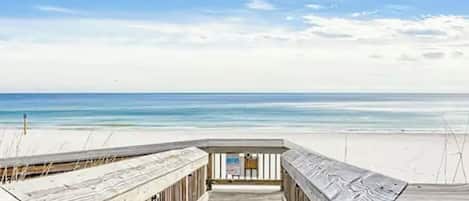 On the beach, sun loungers