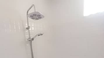 Hair dryer, towels, soap, toilet paper