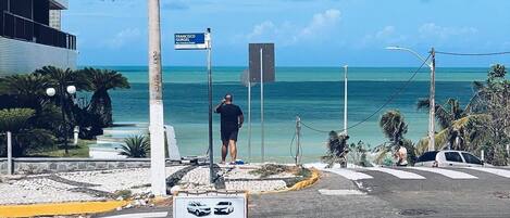 A beachside view with a sign indicating vehicle parking.