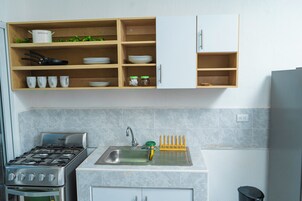 Microondas, horno, cafetera/tetera, licuadora